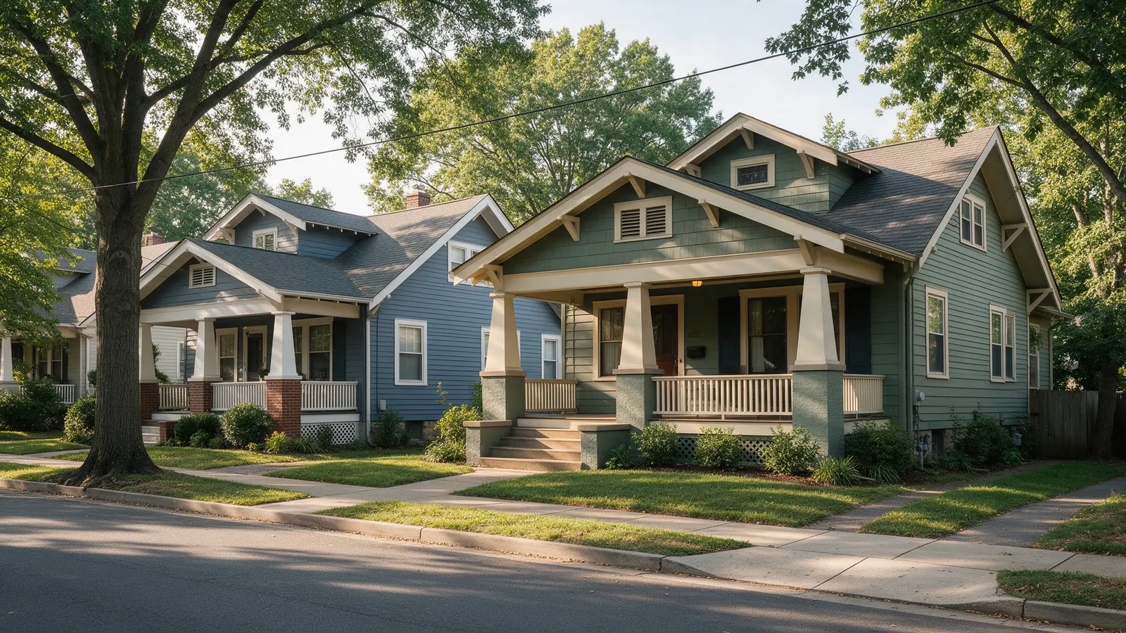 1920s craftsman bungalows with front porches, typical of Alexandria, Virginia
