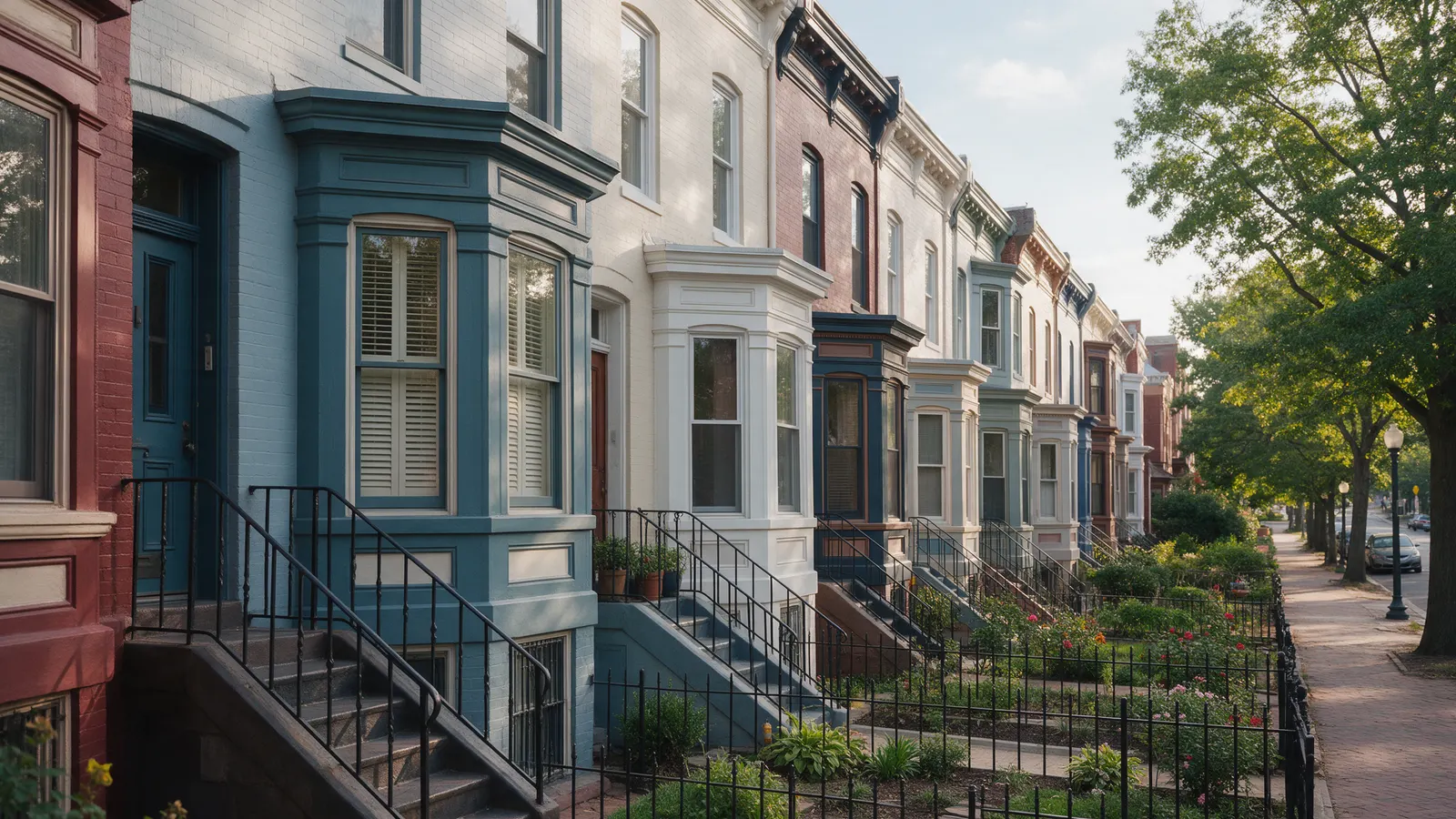 Victorian rowhouses with bay windows and iron stoops, typical of Capitol Hill