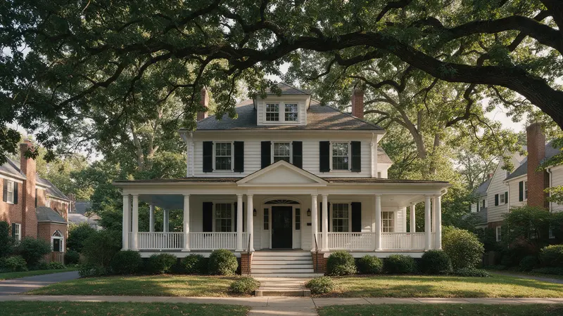 Colonial revival house under mature oaks, typical of Chevy Chase