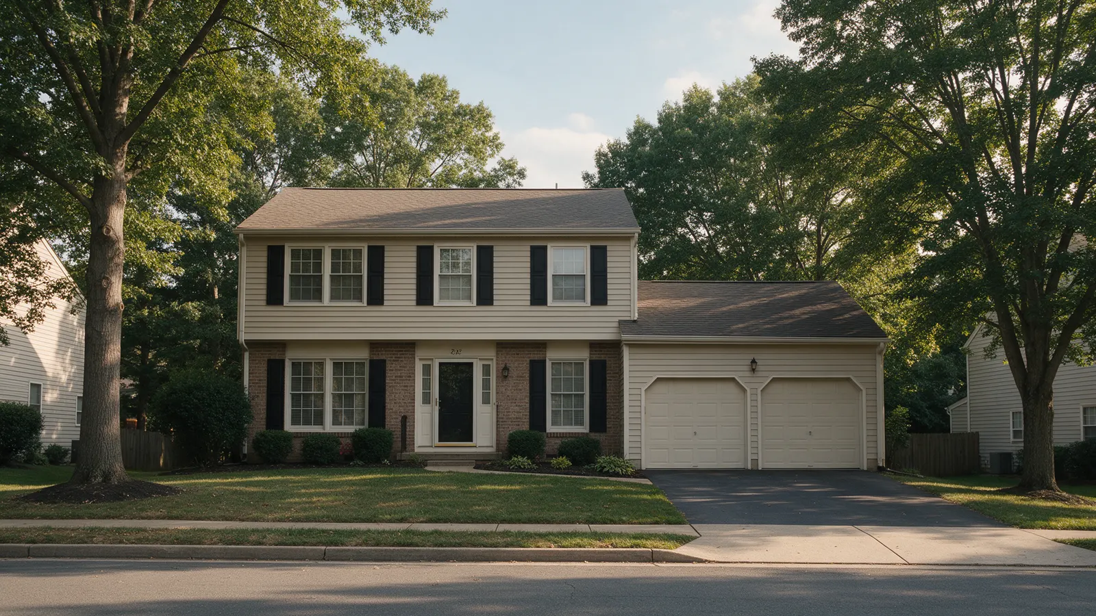 1980s suburban colonial with vinyl siding, typical of Fairfax County, Virginia