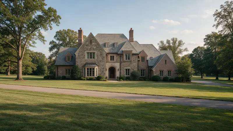 Stone and brick manor home with a slate roof, typical of Potomac