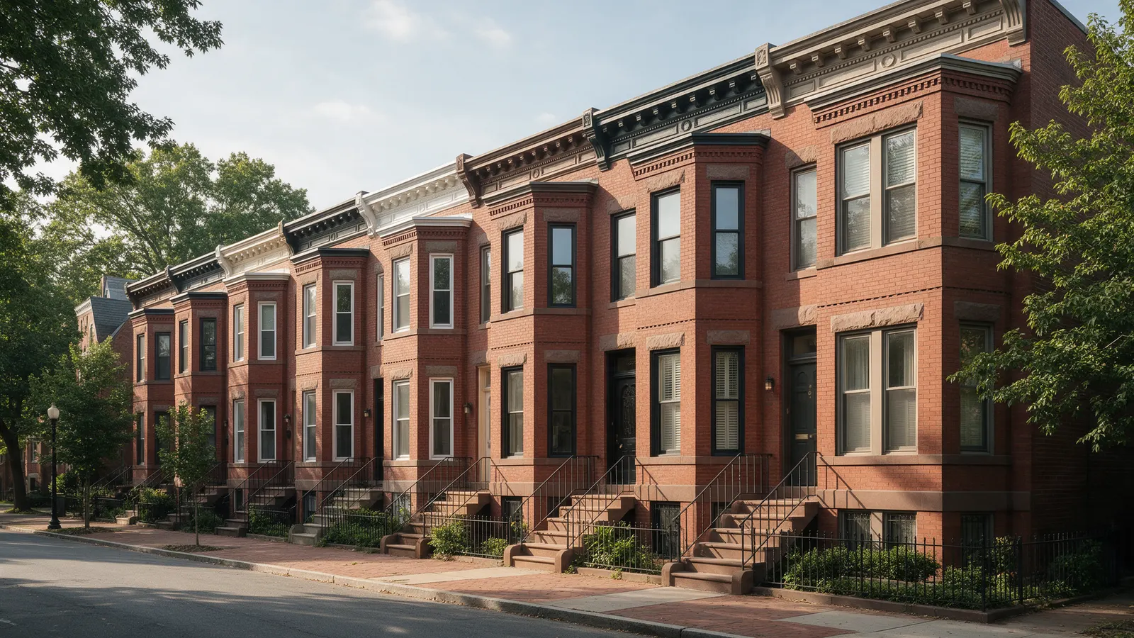 19th-century brick rowhouses with bay fronts, typical of Washington DC