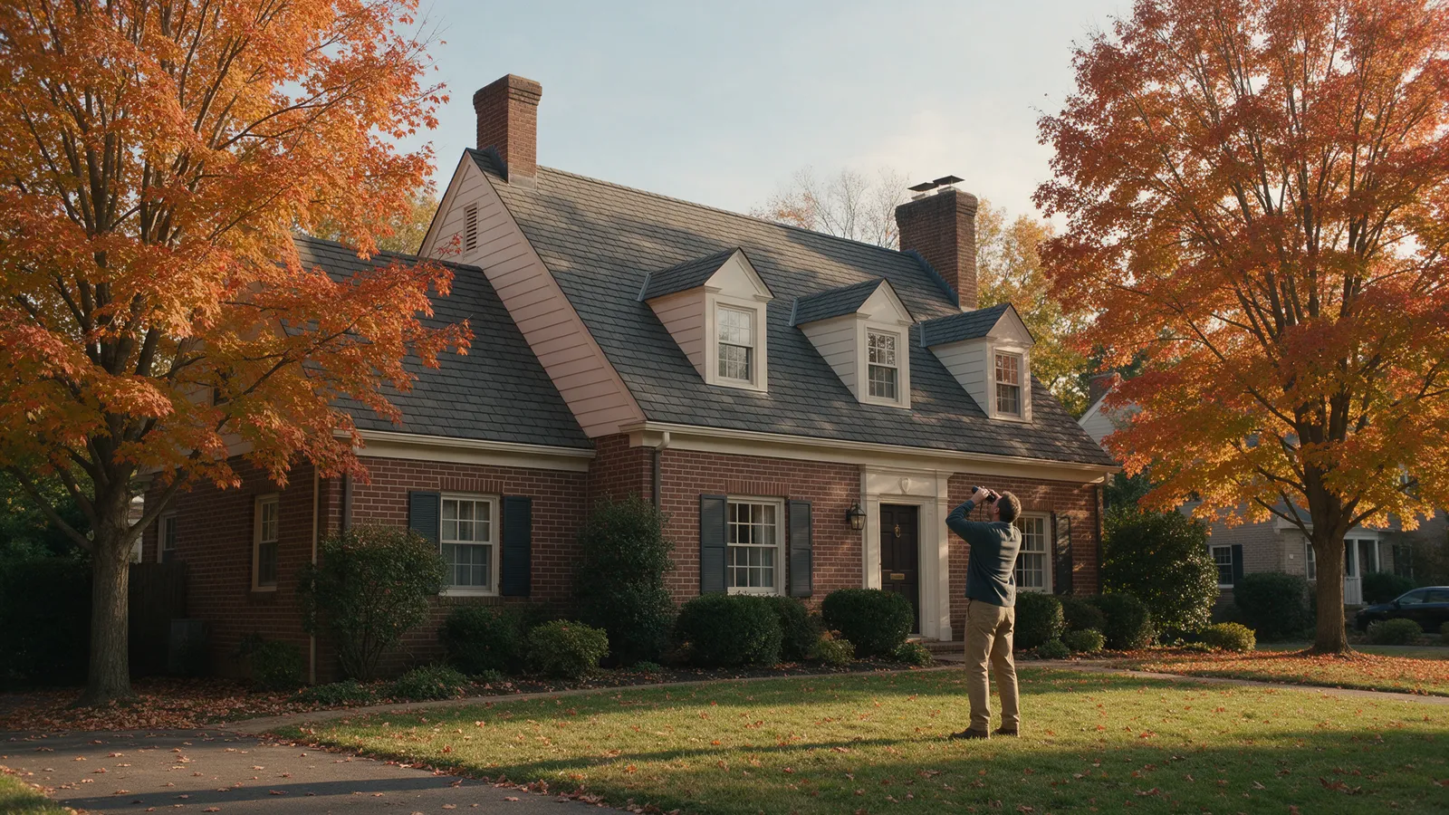 Homeowner on a lawn inspecting the roof of a brick colonial with binoculars beneath autumn maples