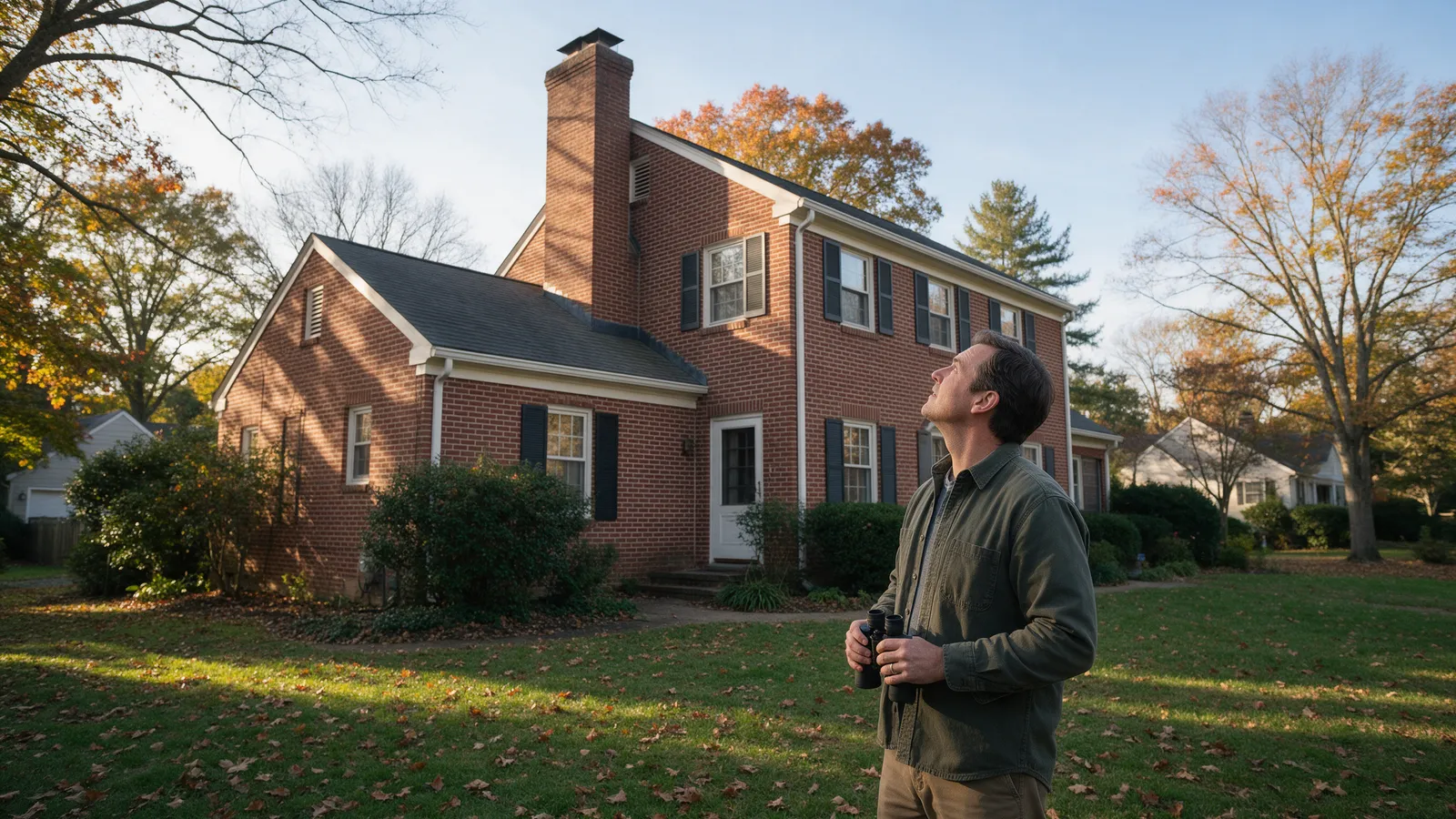 Homeowner in a fall yard with binoculars looking up at a brick colonial chimney