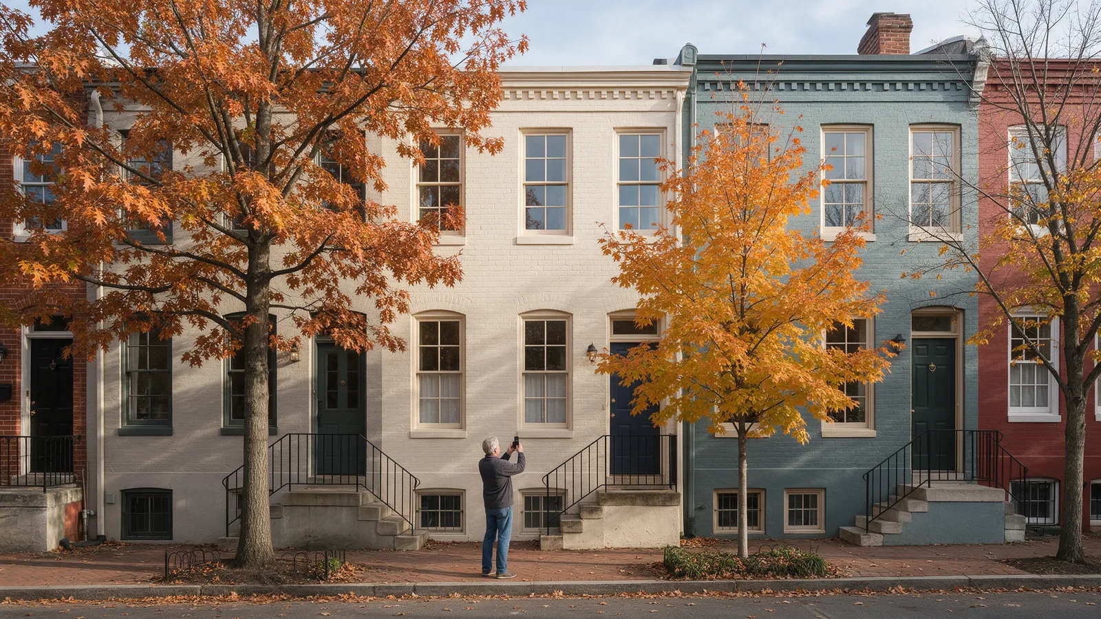 Homeowner photographing historic brick rowhouses on a Capitol Hill street in autumn