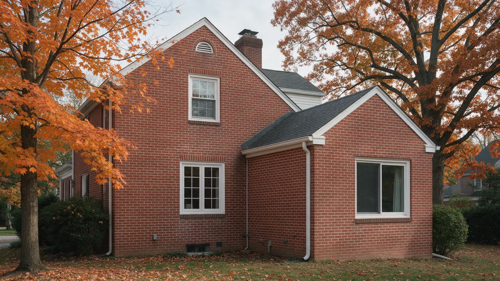 Brick colonial house exterior showing double-hung, casement, and sliding windows in different rooms