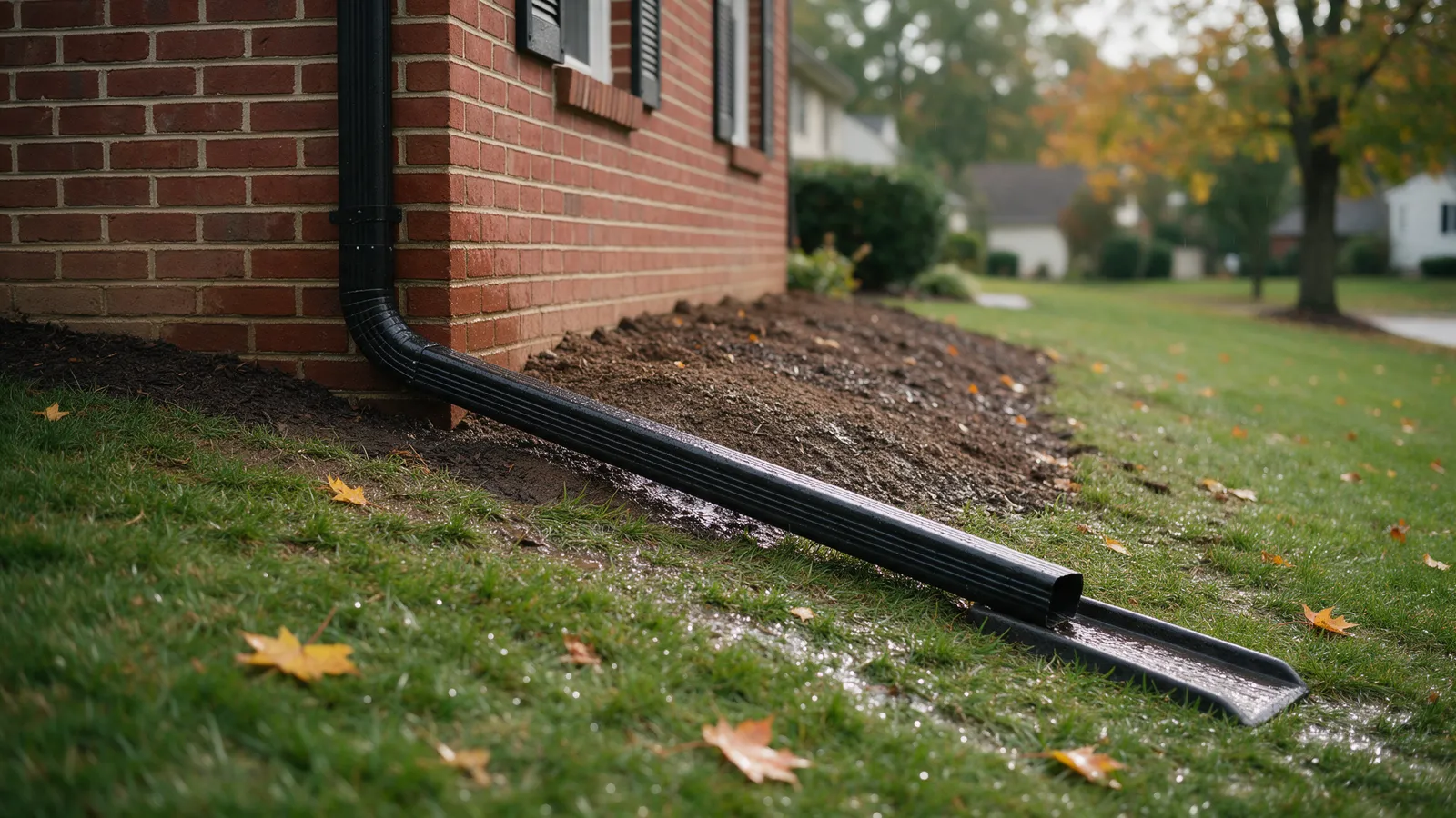 Black downspout extension carrying rainwater across a sloped lawn away from a brick colonial foundation