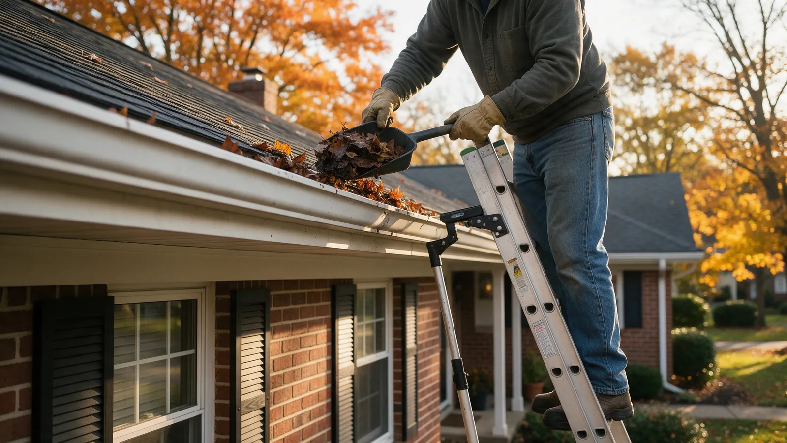 Homeowner in work gloves scooping autumn leaves from the gutter of a brick ranch house, using a ladder with a stabilizer