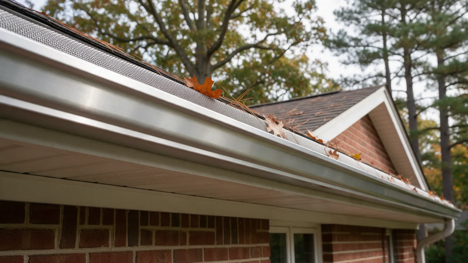 Stainless micro-mesh gutter guard with oak leaves and pine needles on a brick rambler eave