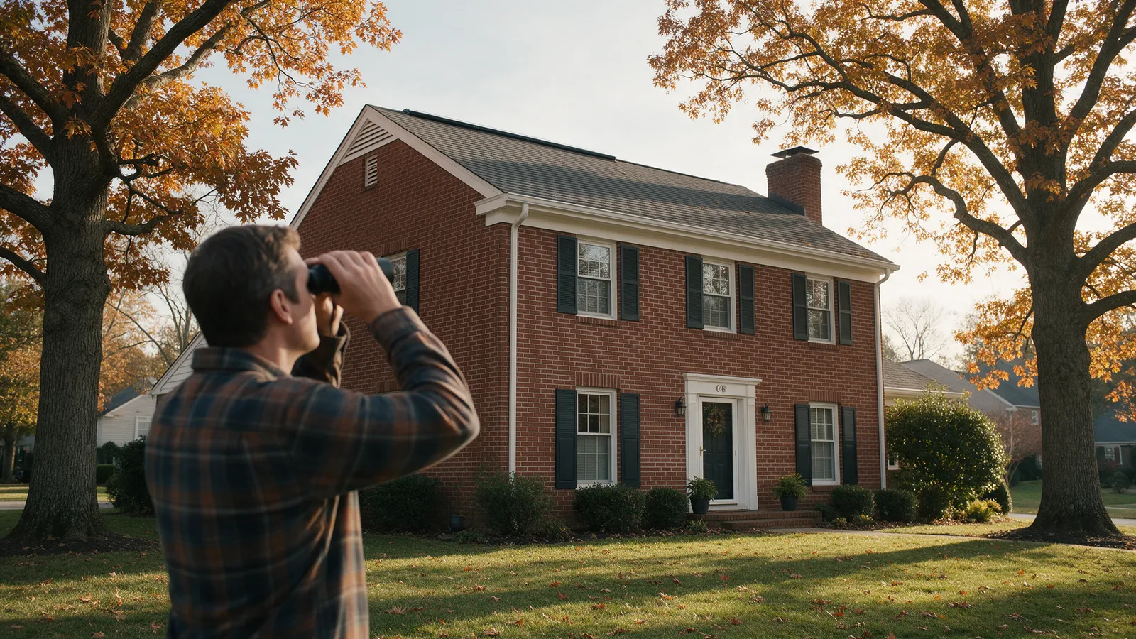 Homeowner on the lawn using binoculars to check the ridge and soffit vents of a brick colonial in fall