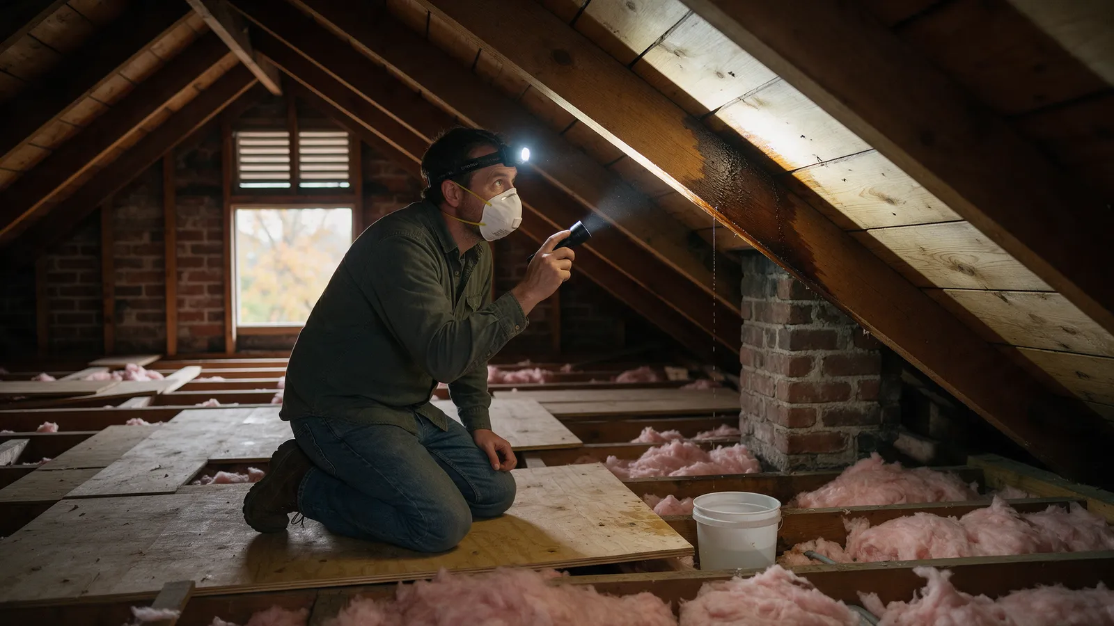 Homeowner with headlamp kneeling on attic boards inspecting a water-stained rafter near a chimney