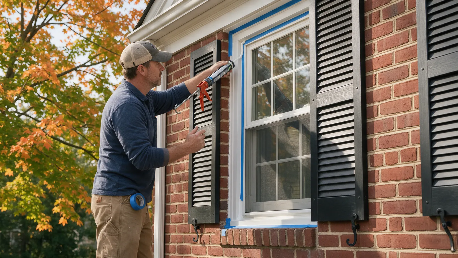 Homeowner caulking painted wood trim around a first-floor window of a brick colonial