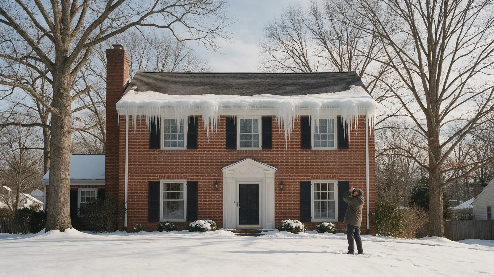 Brick colonial with ice dam and icicles along gutters, homeowner checking from ground with binoculars