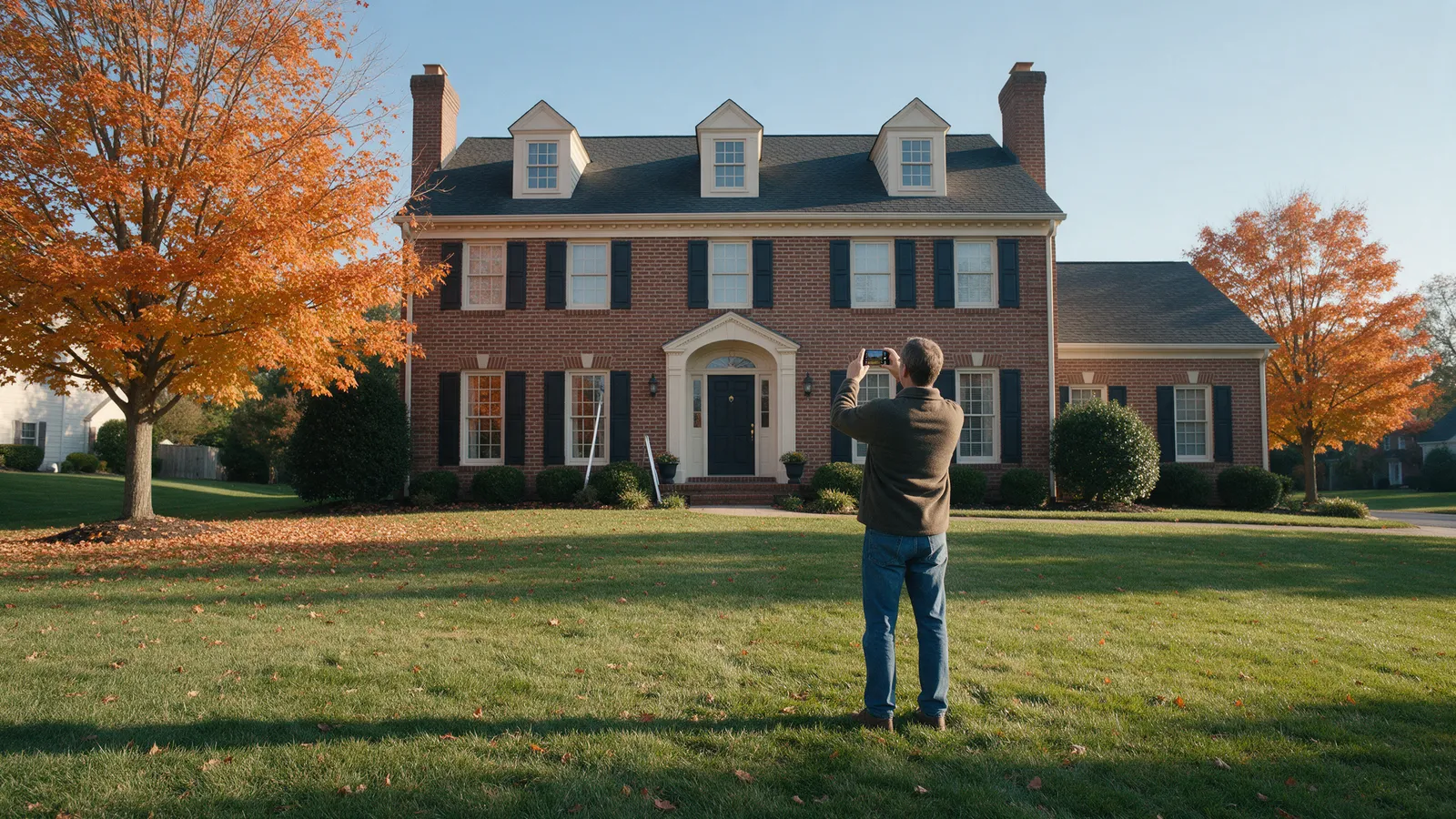 Homeowner photographing the front of a brick colonial from the lawn on a clear autumn morning