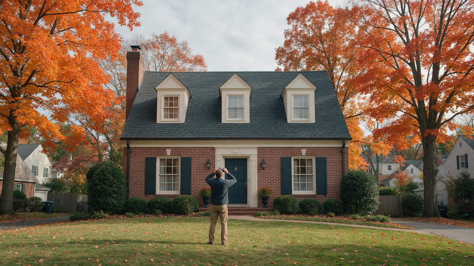 Homeowner on the lawn using binoculars to inspect the roofline of a brick colonial in autumn