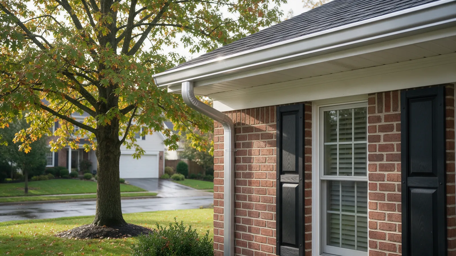 Continuous aluminum gutter and downspout on a brick colonial home beside an autumn oak tree