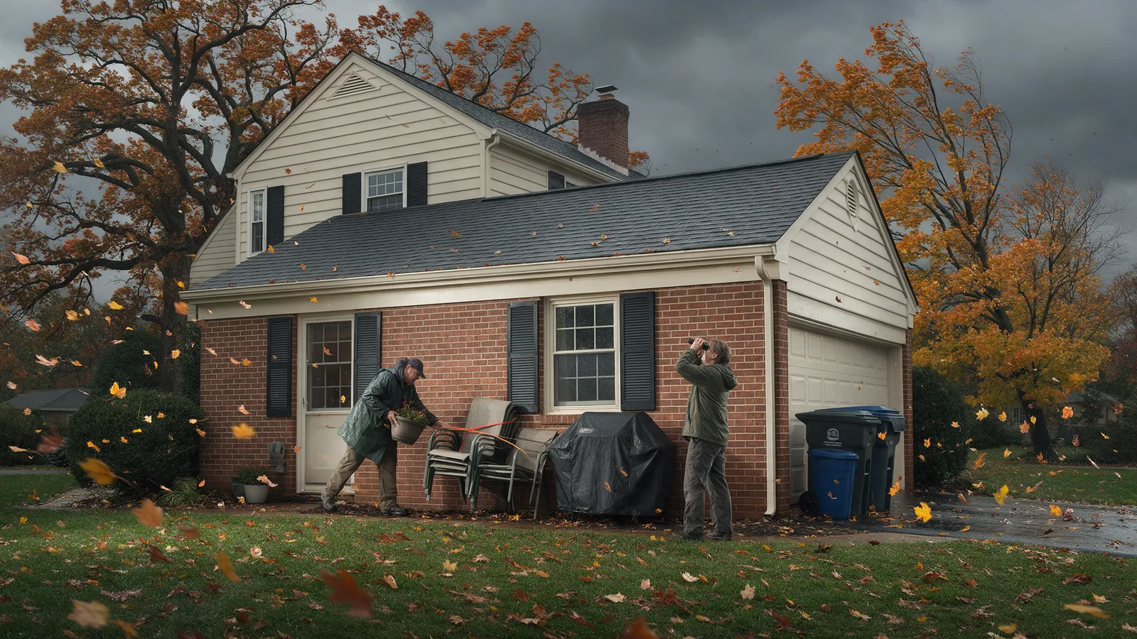 Homeowner securing patio furniture outside a brick colonial under stormy fall skies before a nor'easter
