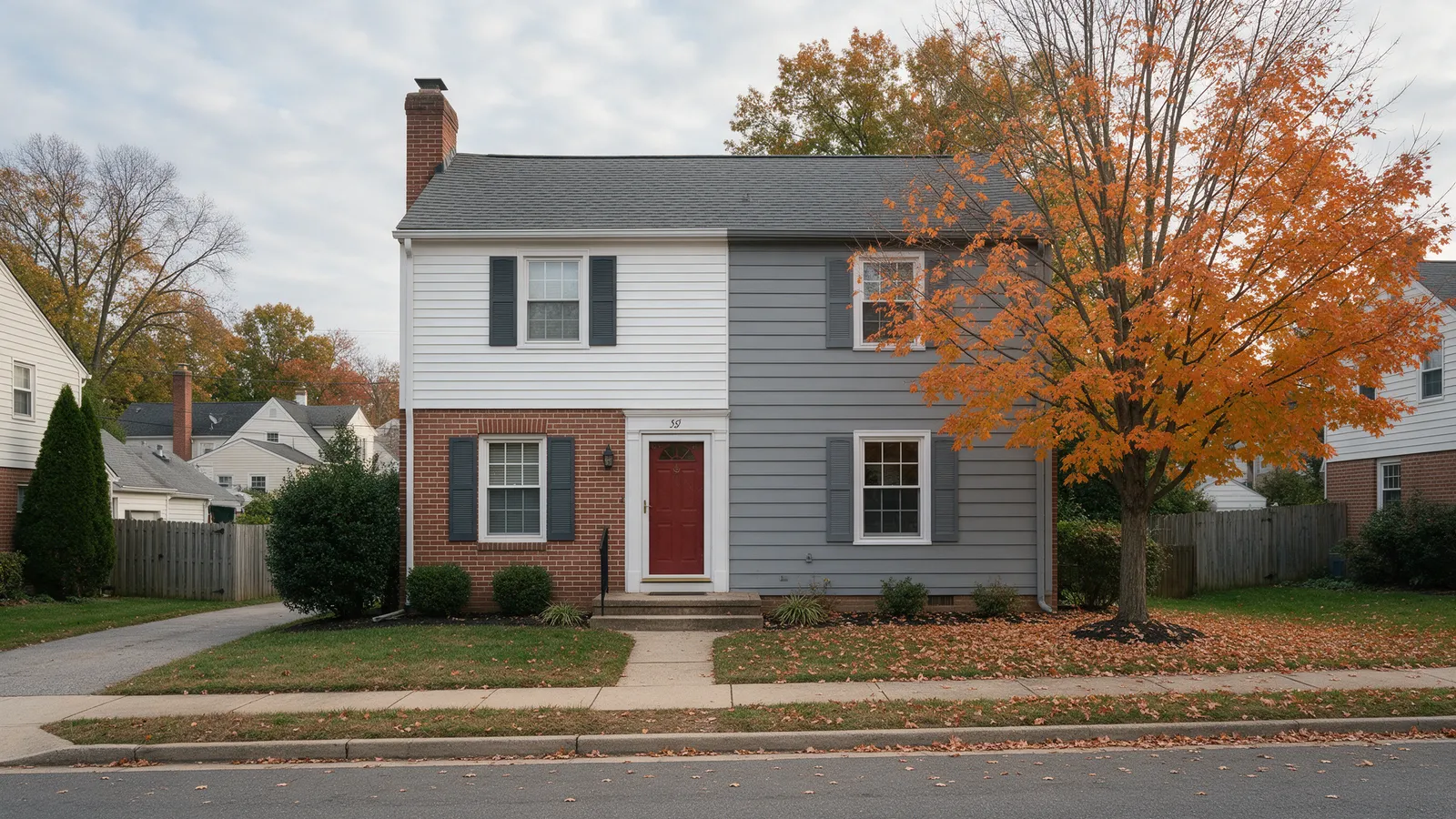 Brick colonial home in autumn with vinyl siding on one wall and gray fiber cement siding on another