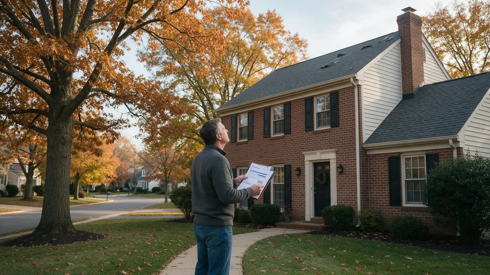 Homeowner holding a roofing proposal outside a brick colonial in Northern Virginia in autumn