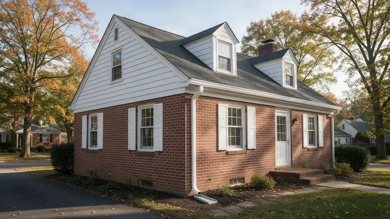 Colonial house with new seamless white gutters and a downspout