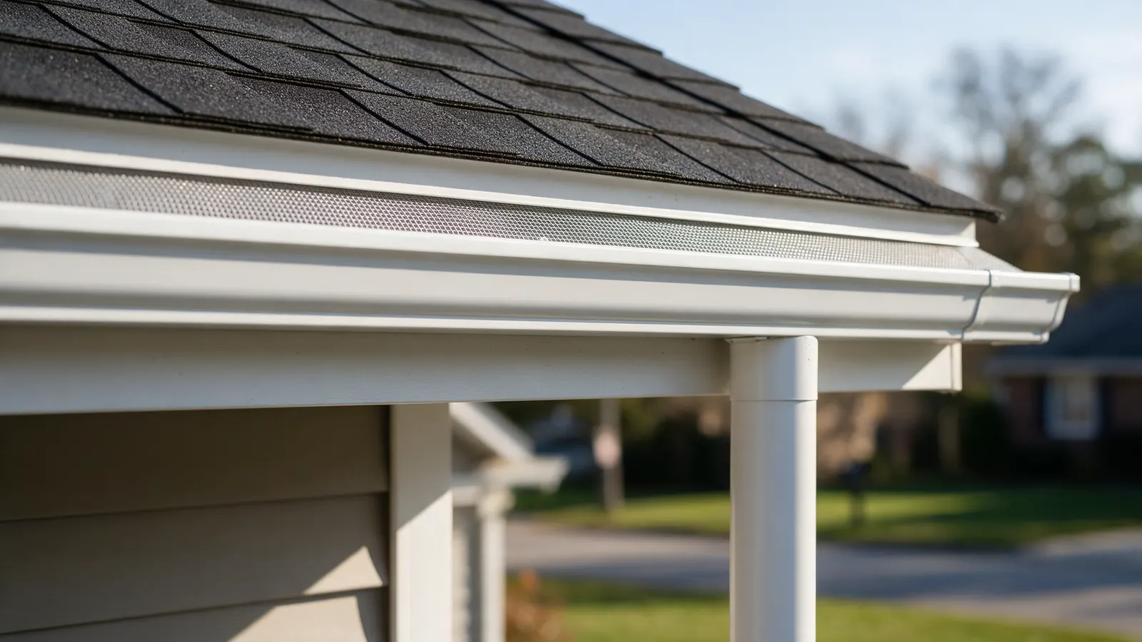 Seamless K-style gutter with a micro-mesh guard and a downspout outlet