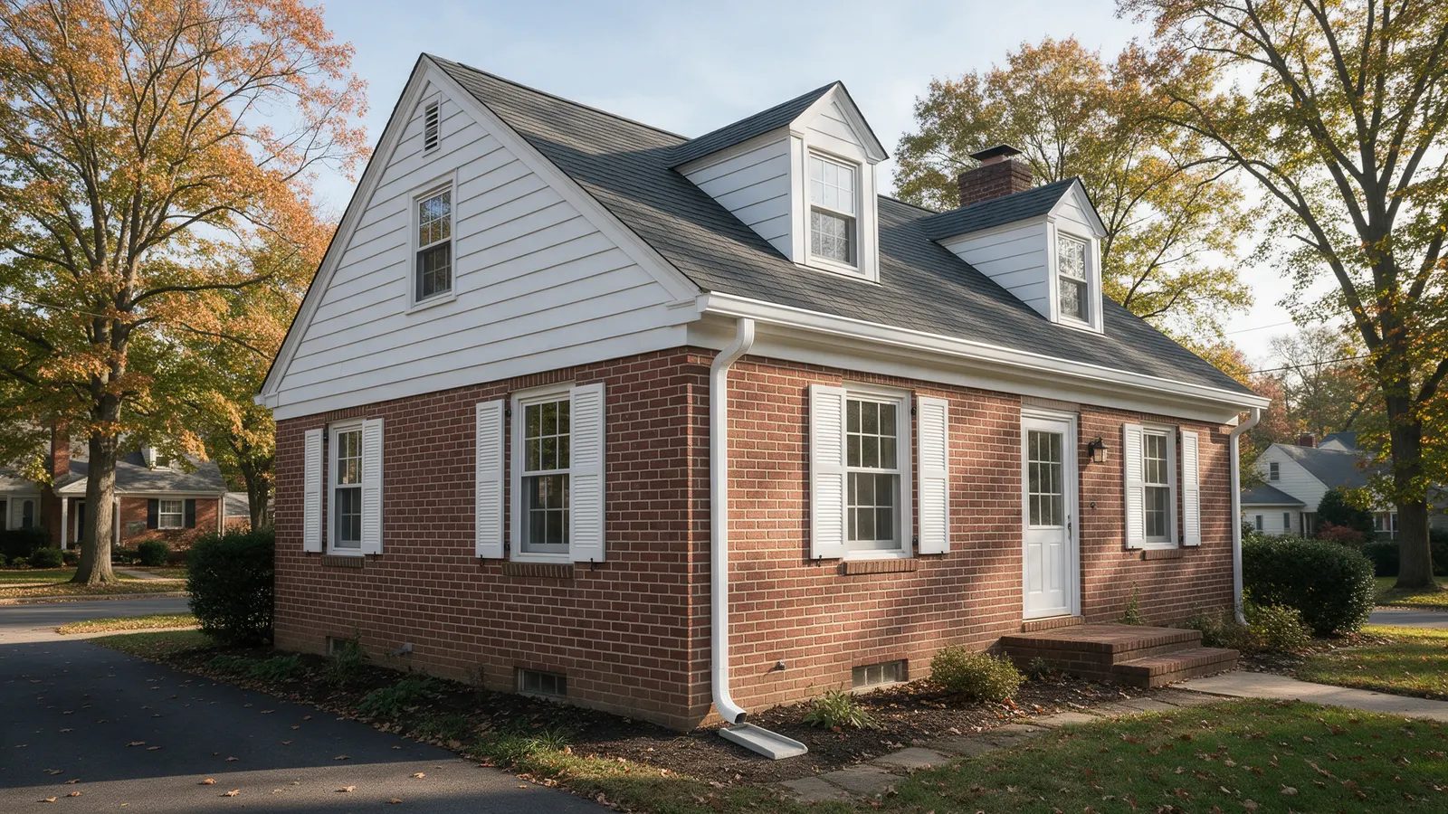 Colonial house with new seamless white gutters and a downspout