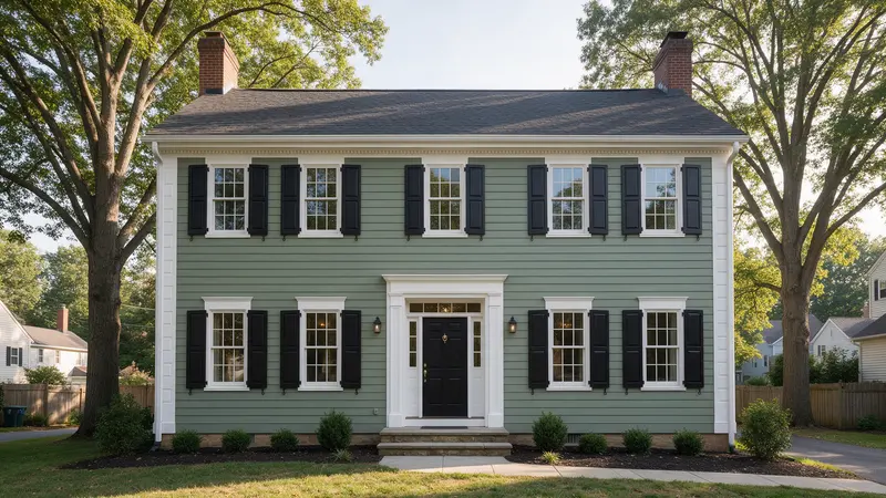 Colonial house clad in green fiber cement lap siding with white trim