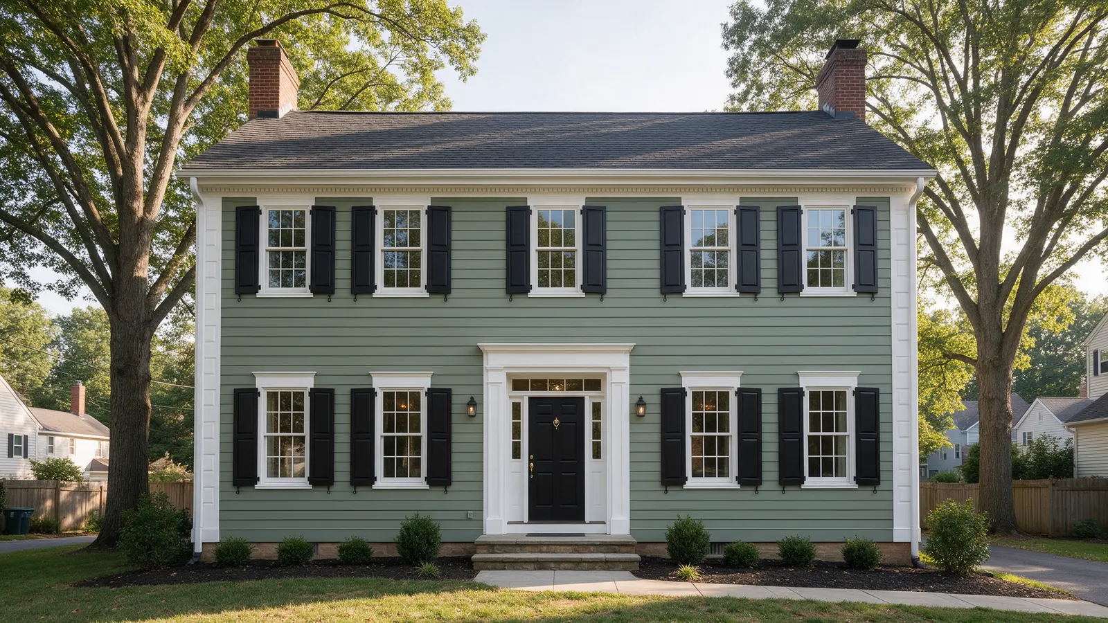 Colonial house clad in green fiber cement lap siding with white trim