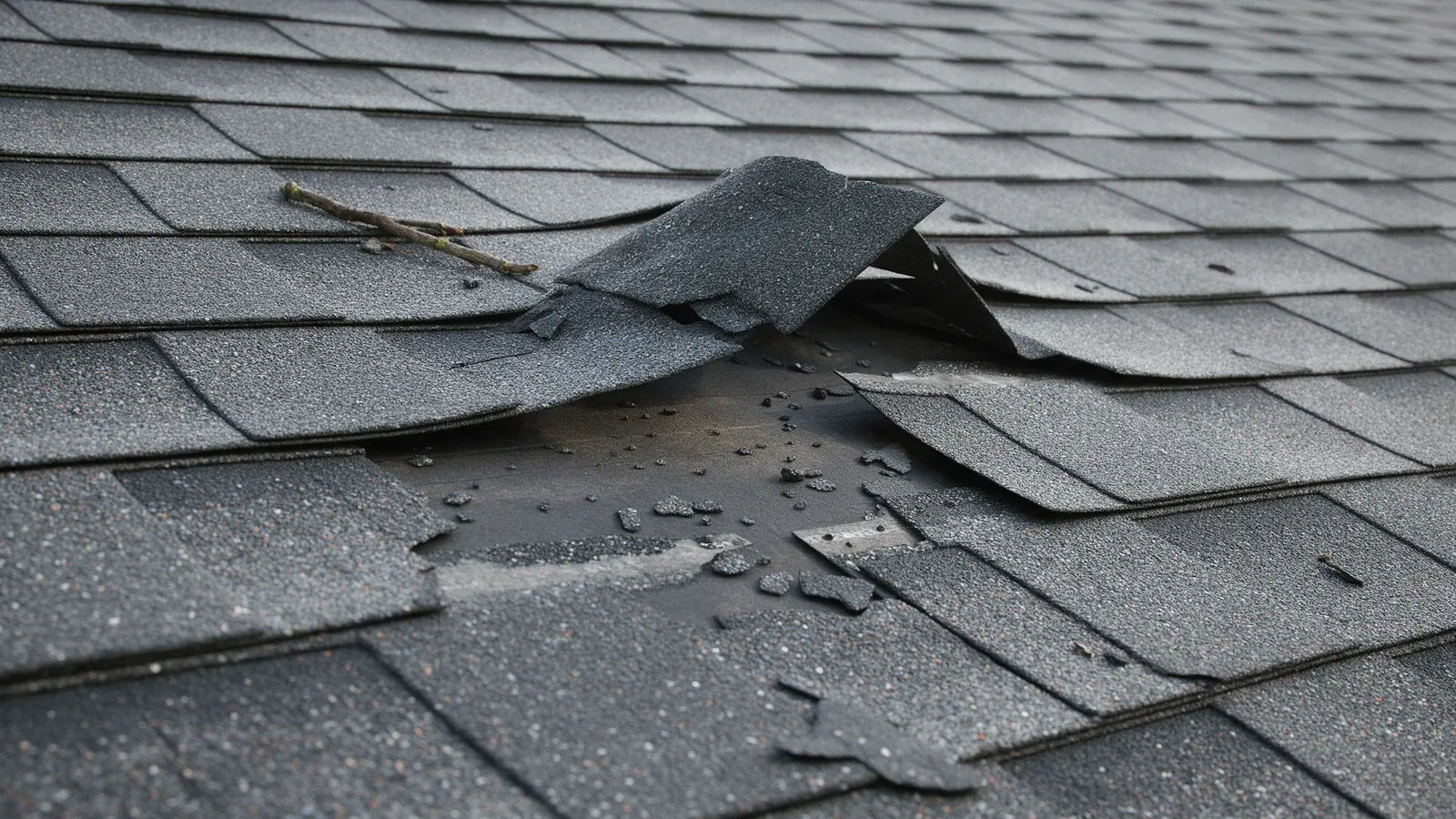Wind-damaged asphalt shingles lifted and torn away from the underlayment