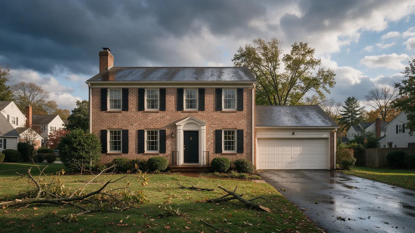 Brick colonial just after a storm, with broken branches on the lawn