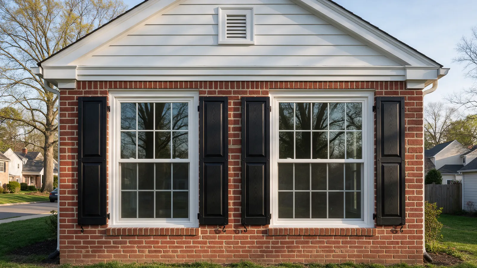 Brick colonial with new white double-hung windows and black shutters